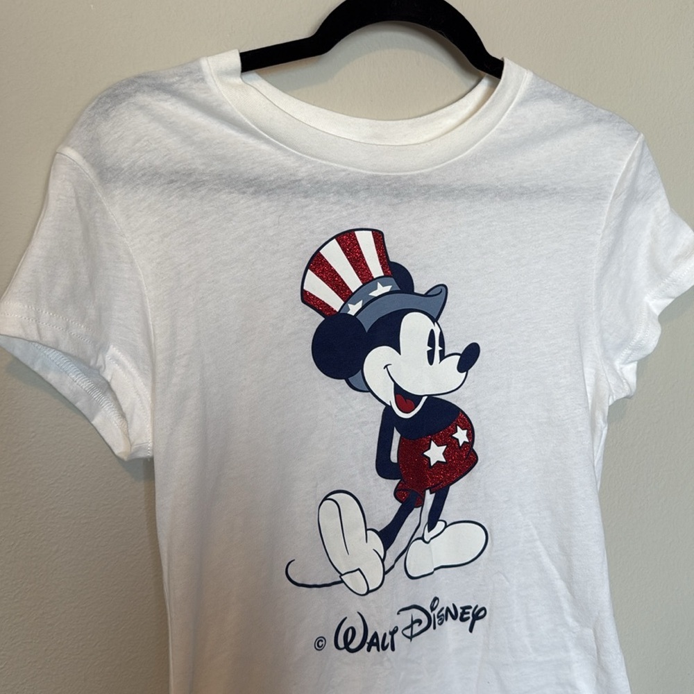 Vintage Walt Disney Patriotic Mickey White T-Shirt Youth Large Glitter USA - Picture 2 of 8